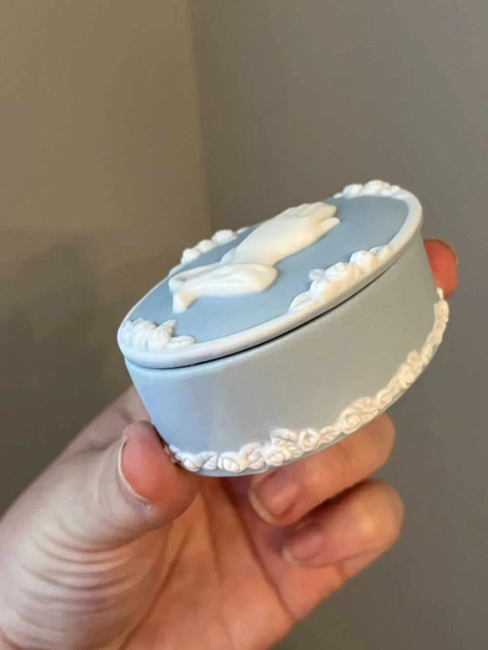 JCM Praying Hands Light Blue & White Oval Lidded Trinket Box With Floral Detail